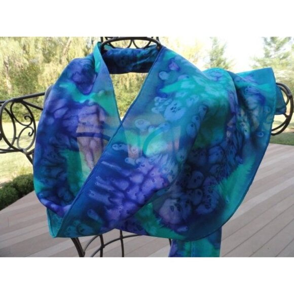 Vintage 1960's Scarf Blue Green Tie Dyed All Silk Handmade Hand Rolled Edges 56" - Picture 5 of 9